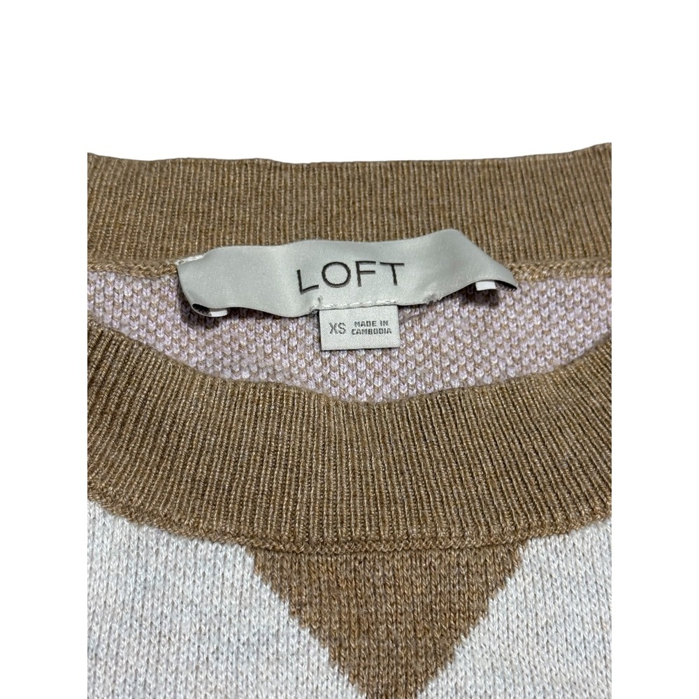 LOFT Argyle Sweater XS Pink Beige Cream Puff Sleeve Soft Knit Womens - Picture 3 of 6